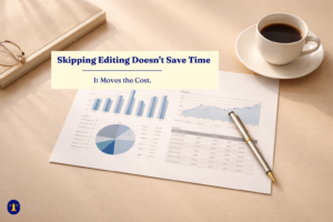 Business report with charts and pen on a warm desk surface, beside a cup of coffee and a notebook with glasses.