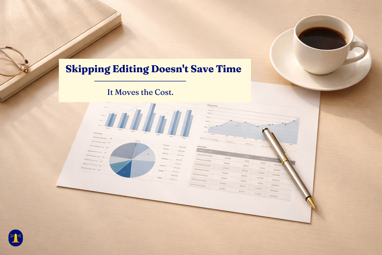 Business report with charts and pen on a warm desk surface, beside a cup of coffee and a notebook with glasses.