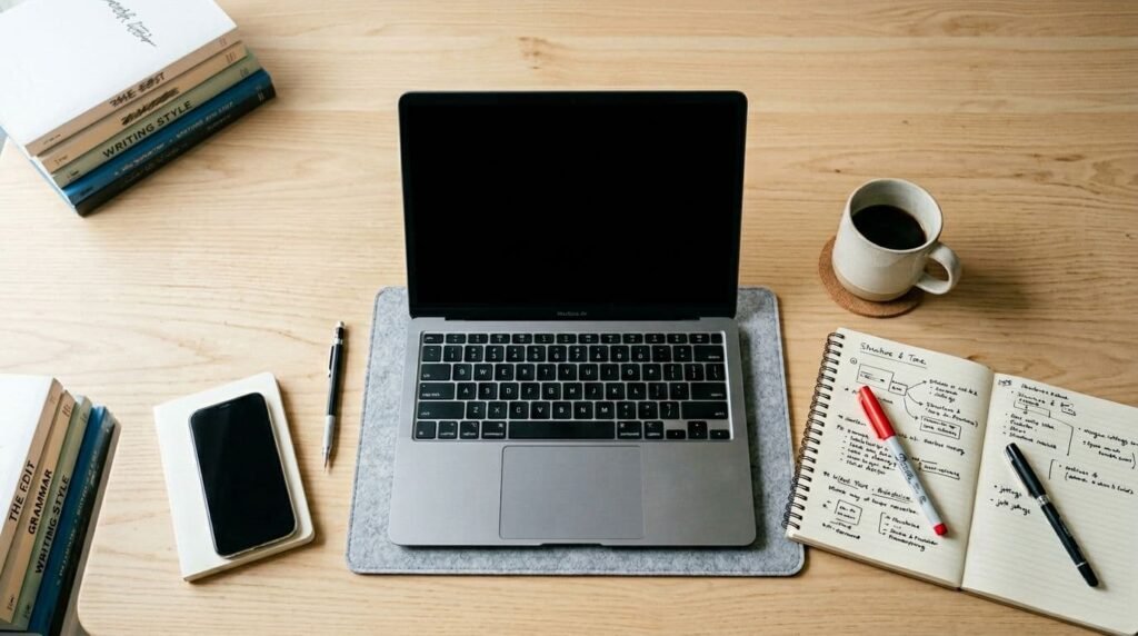 A top-down view of a clean editor's workspace with an open laptop, a spiral notebook filled with handwritten structure notes, a pen, and a cup of coffee on a wooden desk.