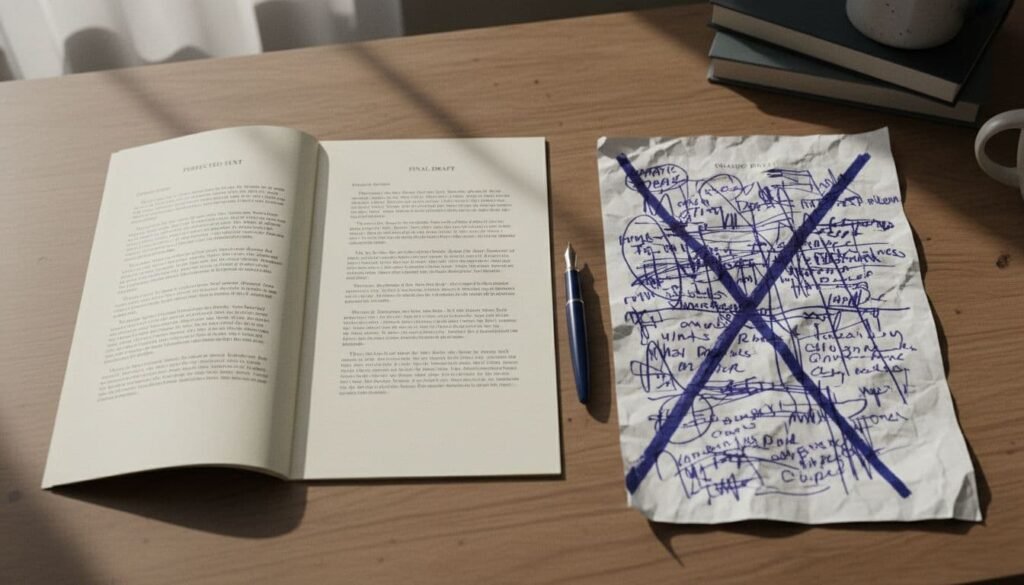 Workspace desk contrasts a clean typed manuscript with smooth paragraphs on the left and a messy draft with handwritten notes and cross-outs on the right, under soft window light in minimal editorial style.