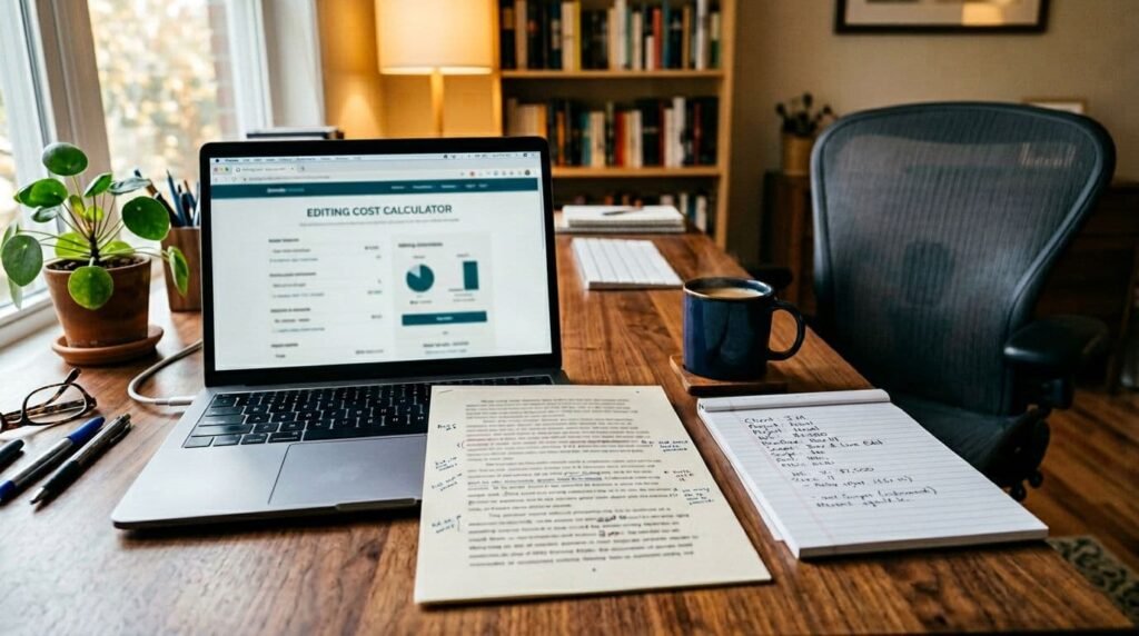 Cozy editor’s desk with a laptop showing a document, a notepad, and a cup of coffee.