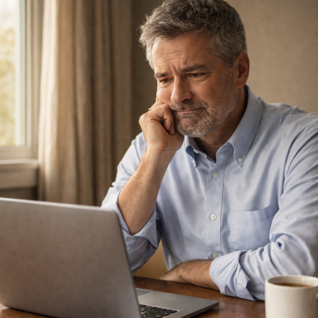 A middle-aged man staring at his laptop with a quietly puzzled expression, unable to identify why what he just read isn't landing.