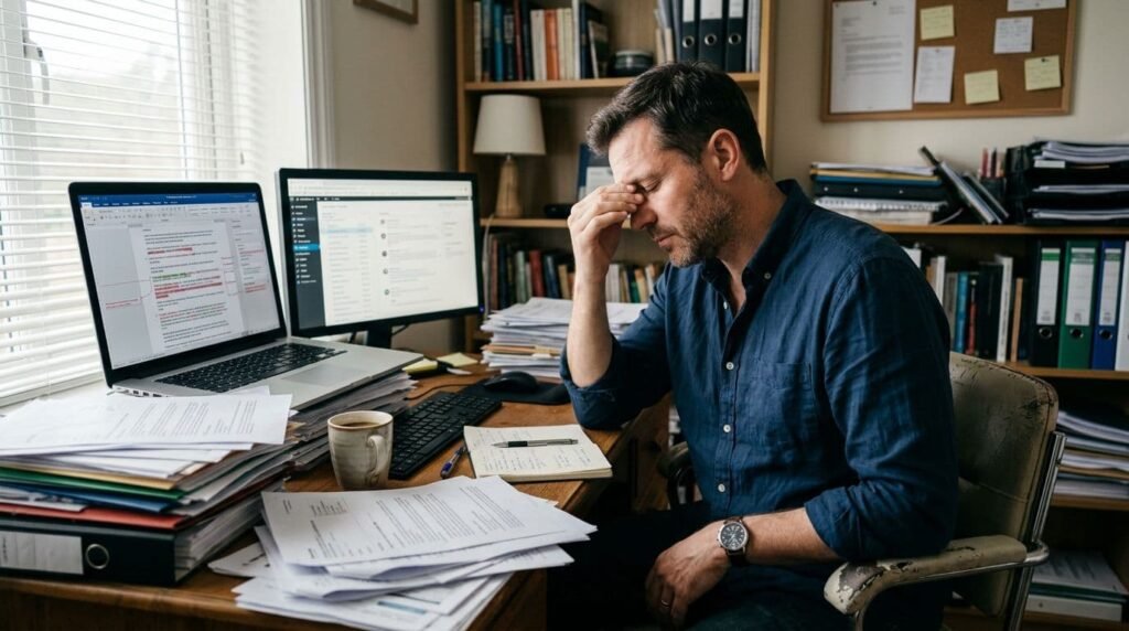 A frustrated professional sits at a cluttered desk with papers and two computer screens, head in hand.