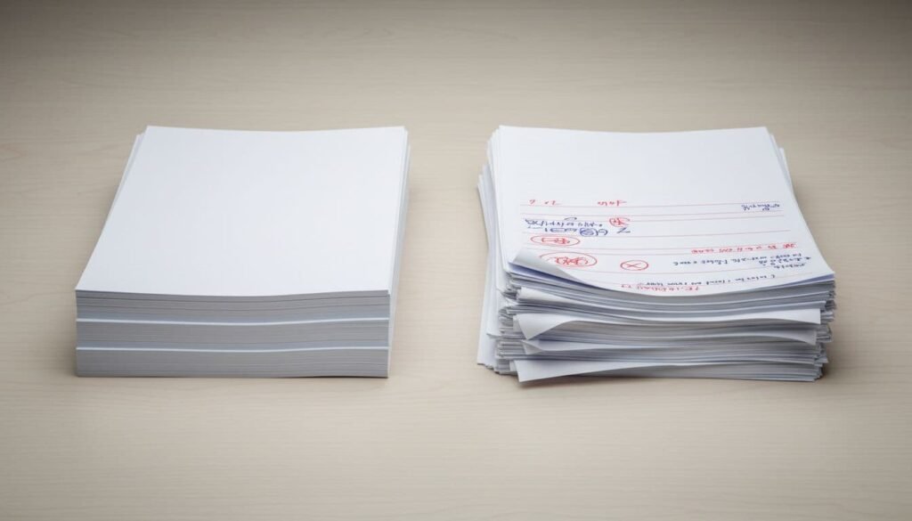 Two stacks of papers on a clean wooden desk: left stack with perfectly aligned polished pages, right stack slightly disordered with red pen marks and revisions, under soft studio lighting.