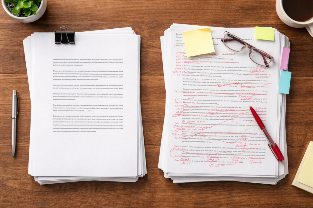 Two printed manuscripts on a wooden desk, one clean and one heavily marked up with red editing notes and sticky tabs.