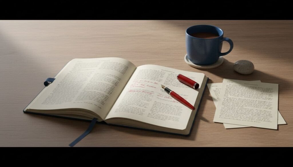 An open manuscript on a desk with a red pen and coffee cup, representing the moment of deciding what kind of editing your draft actually needs.