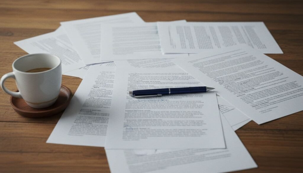 Printed draft pages spread across a wooden desk with a pen resting on top and a cup of tea in the background.