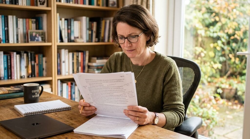 Professional writer reviewing a printed manuscript at a desk before submitting it for editing.
