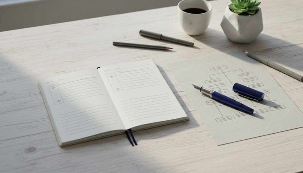 An open blank notebook with two pens resting beside it on a clean white desk, with a small plant in the background, representing the moment of deciding what a draft needs next.