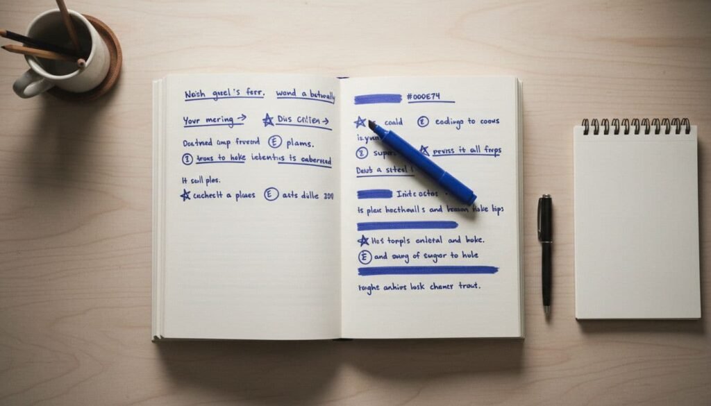 An open notebook with handwritten notes and a pen resting beside it, next to a second blank notebook on a wooden desk, representing the written summary delivered after a Strategic Editorial Diagnostic.