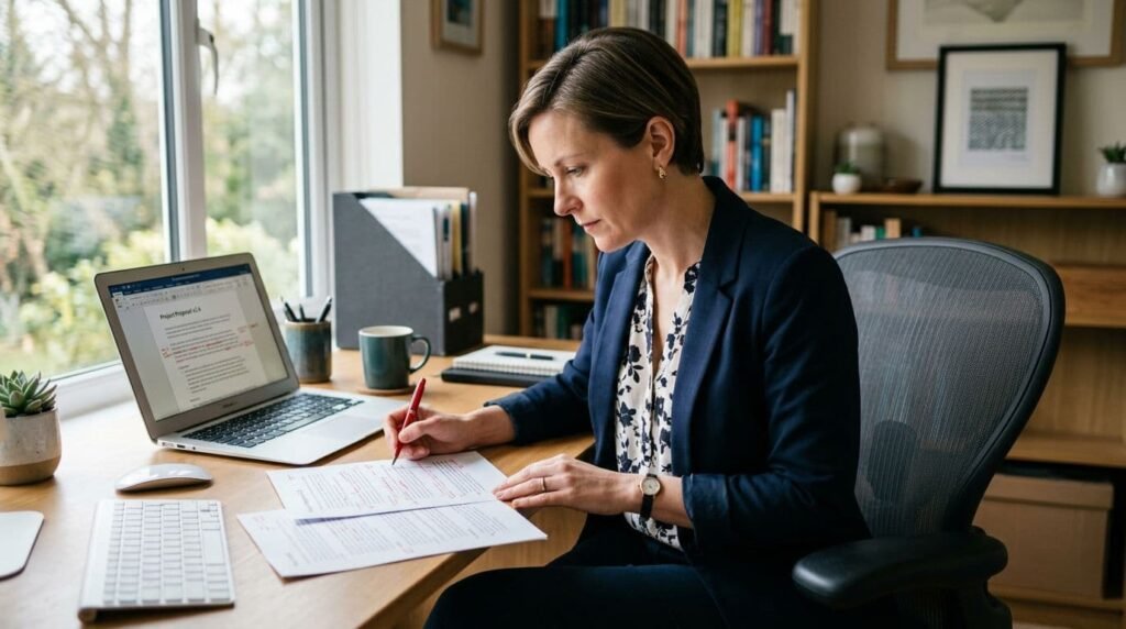 A small business owner reviews a printed document at her home office desk, with a laptop open beside her.