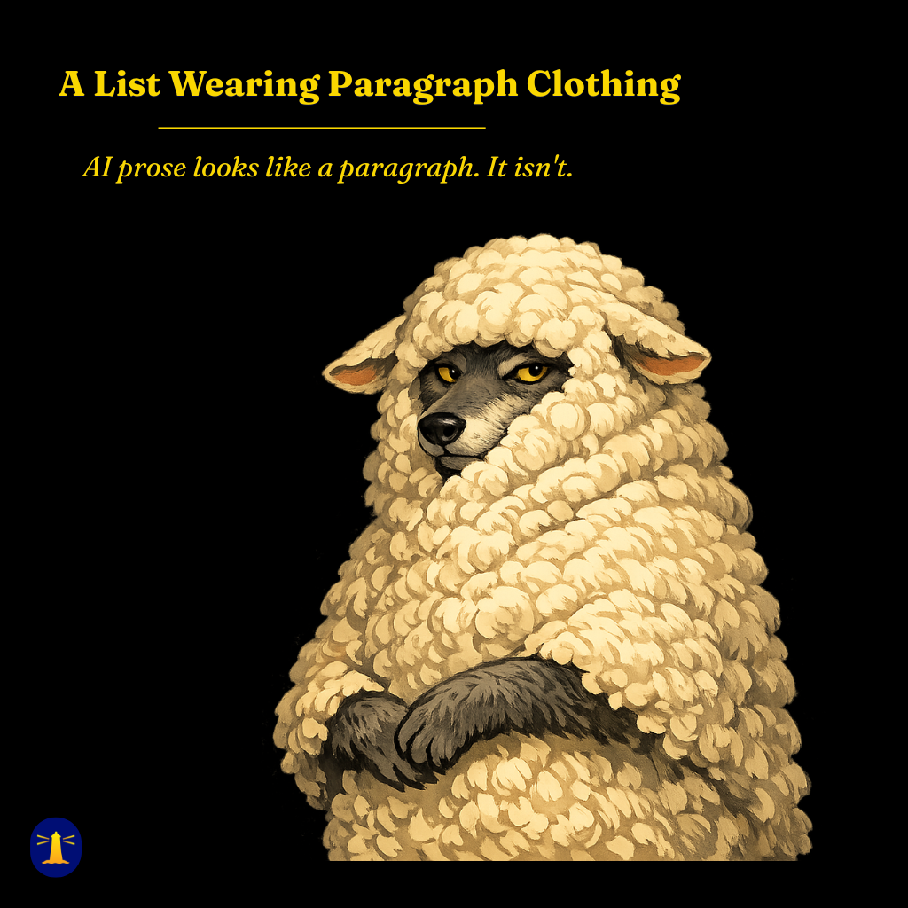 A wolf in sheep's clothing with crossed arms and yellow eyes, illustrating how AI-generated prose mimics paragraph structure without delivering it.