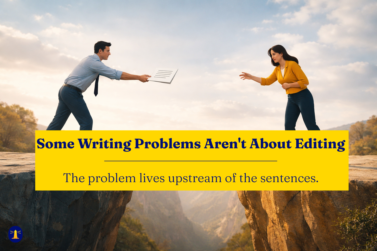 Two business professionals on opposite sides of a canyon gap, one extending a document toward the other who reaches but cannot quite receive it.