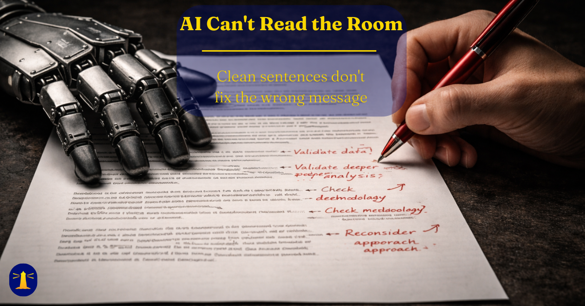 A robotic hand rests passively on a document while a human hand with a red pen makes specific editorial notes in the margin.