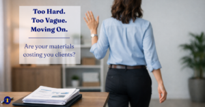 A professional woman walks away from a desk leaving documents behind, hand raised in a farewell gesture, illustrating how business materials speak for you when you're not in the room.