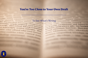 An open book with pages in sharp focus at the center and blurring toward the edges, illustrating the concept of losing editorial perspective on your own writing.