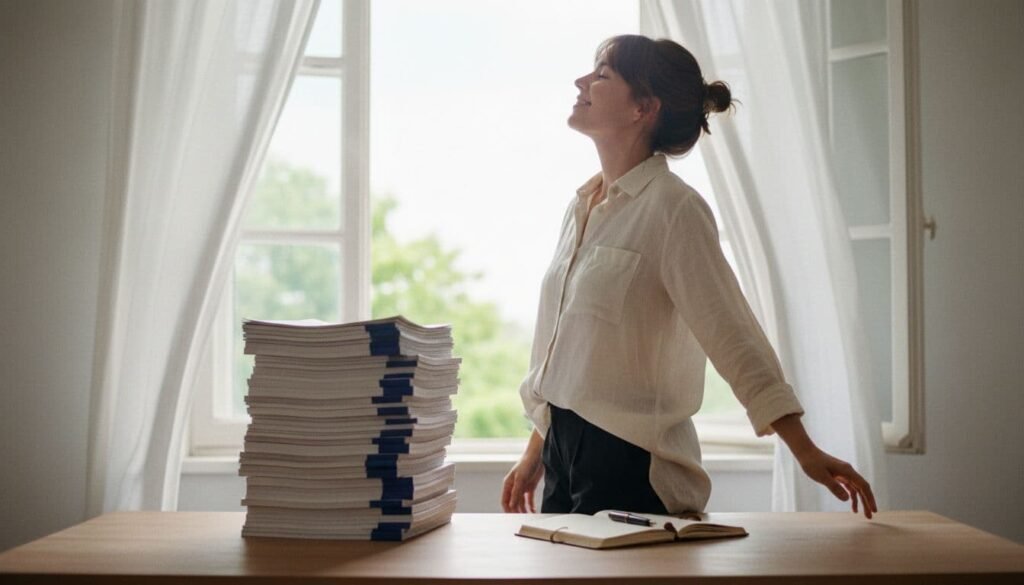 A writer stepping back from a tall stack of manuscript pages, gaining distance and perspective from the draft.