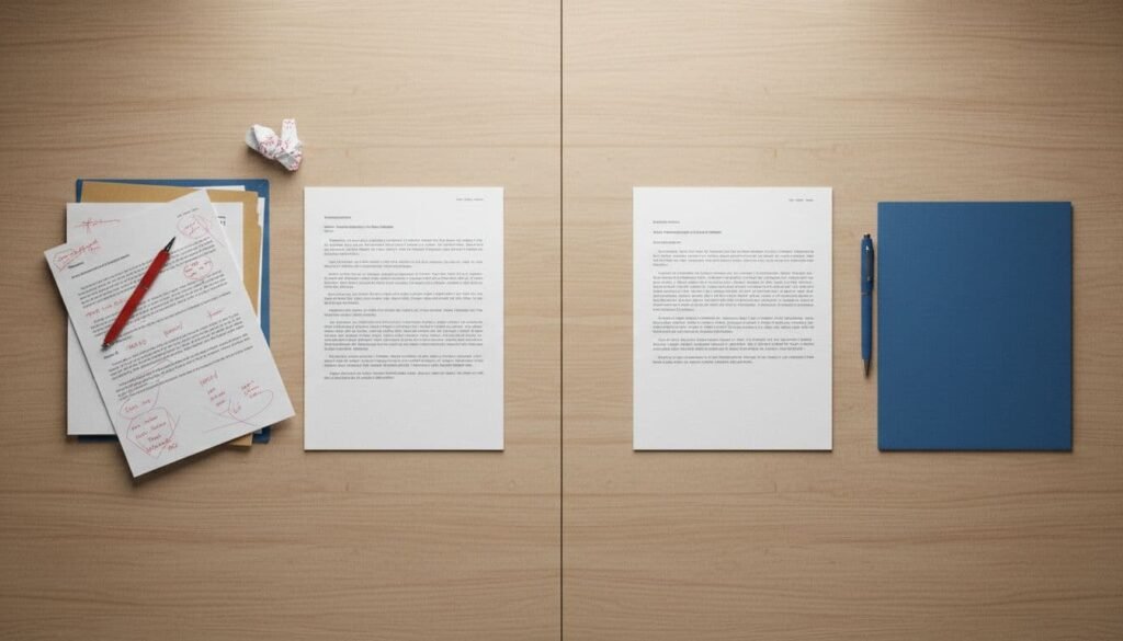 A split image showing two manuscript states on a wooden desk: on the left, pages covered in red editorial markup scattered with a pen; on the right, a clean edited document beside a navy blue folder.