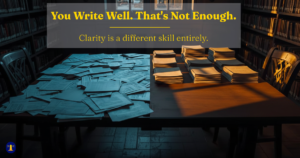 A split image of a library table: on the left, papers scattered in disarray; on the right, the same documents stacked neatly. Text overlay reads: You Write Well. That's Not Enough. Clarity is a different skill entirely.