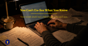 A desk at night with annotated draft pages scattered around a laptop, hands resting on the keyboard under warm lamplight, conveying revision fatigue and the difficulty of editing your own writing.