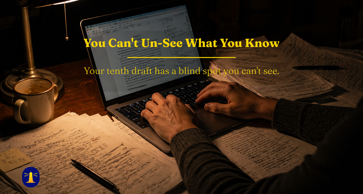 A desk at night with annotated draft pages scattered around a laptop, hands resting on the keyboard under warm lamplight, conveying revision fatigue and the difficulty of editing your own writing.