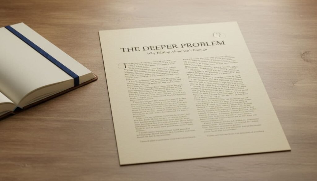 Clean typed manuscript page on a wooden desk. Alt text: "A single typed manuscript page lying on a wooden desk, representing a document in progress."