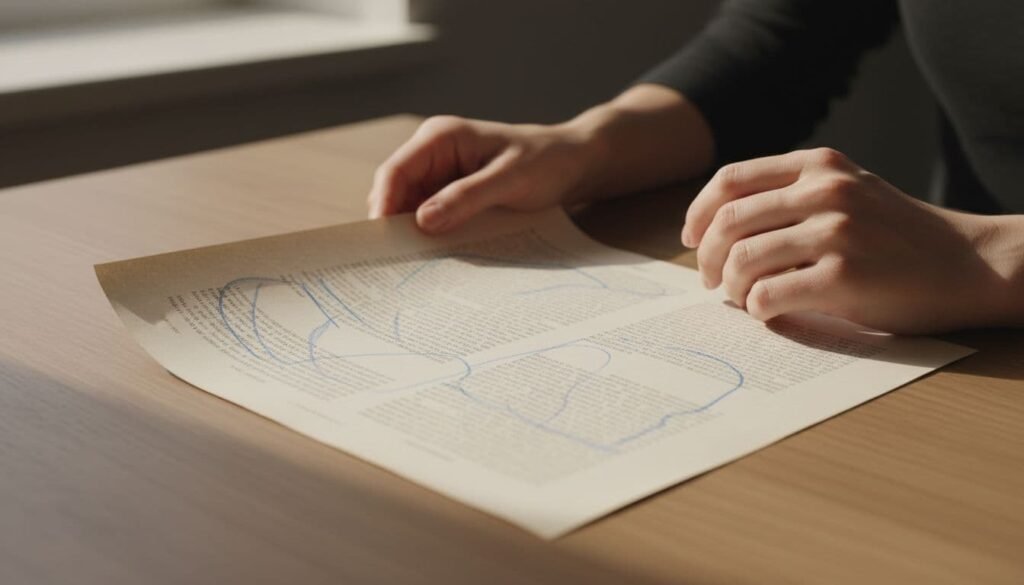 Hands pressing flat on a manuscript page covered in editorial markup, viewed from above, suggesting close review of a heavily annotated draft.