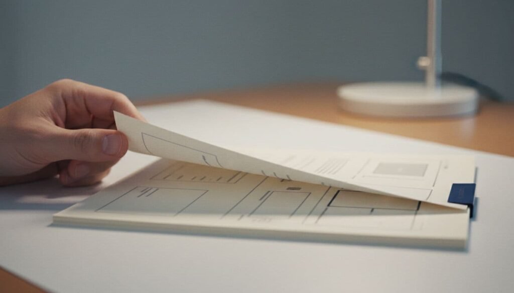A hand lifting the corner of a document on a desk, as if turning the page or reviewing it closely.