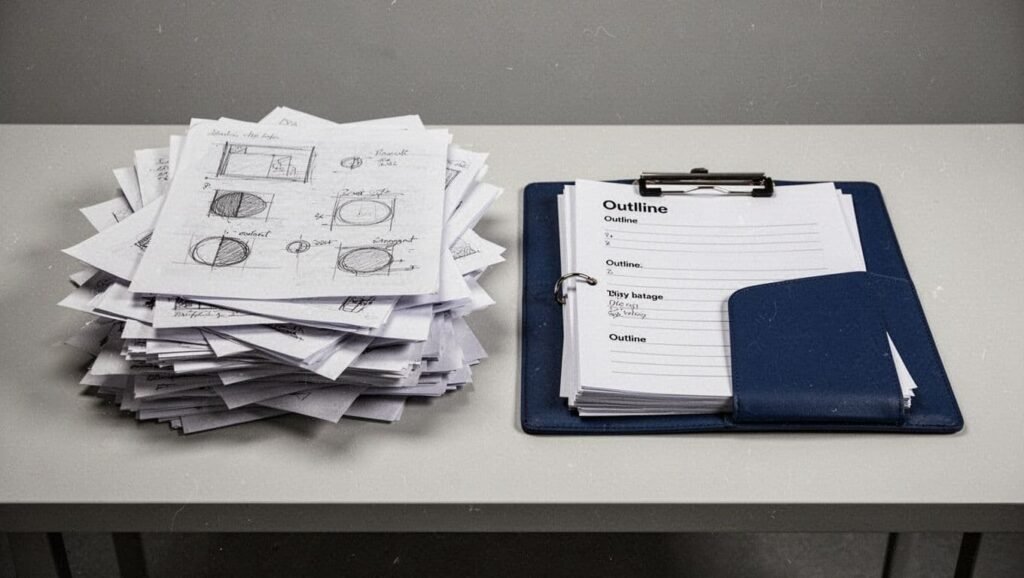 A pile of messy draft pages next to a clean organized outline on a clipboard.