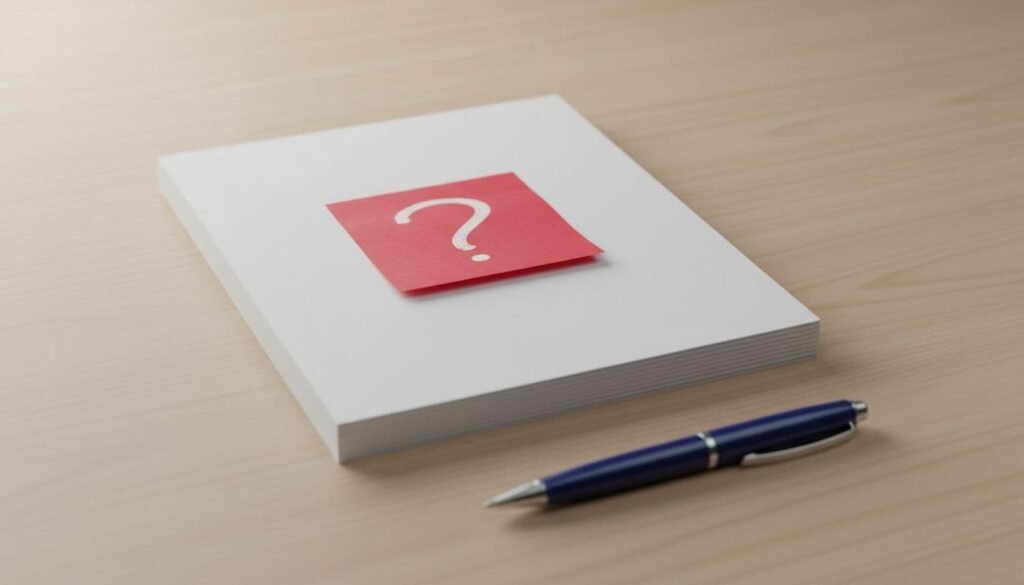 A neatly stacked document with a red question mark sticky note on top, next to a pen, asking about ai proofreading