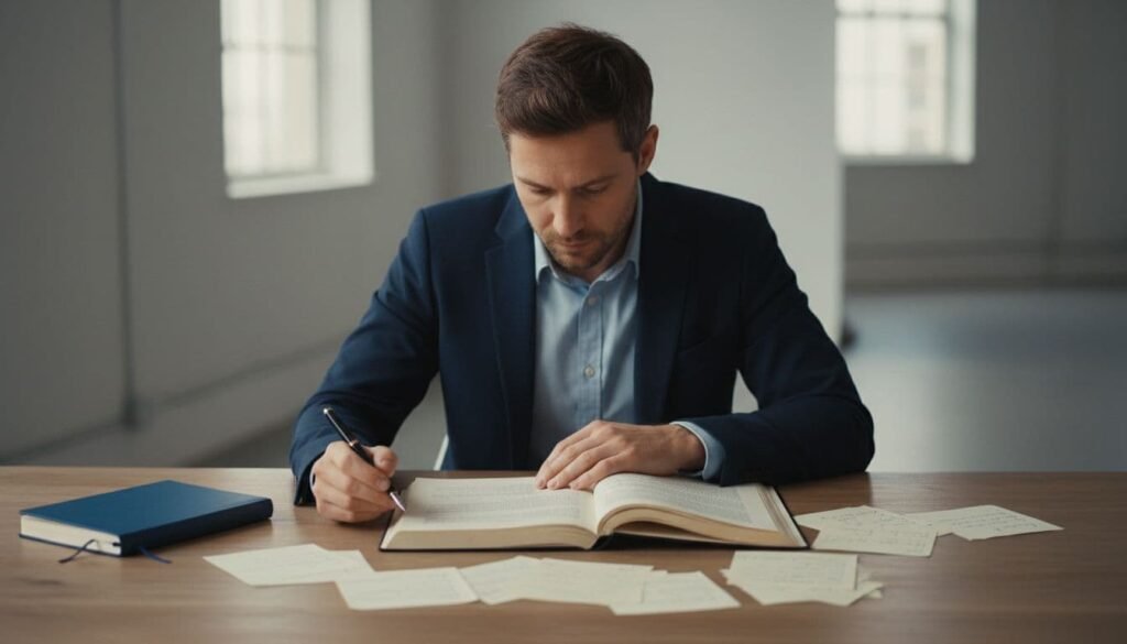 A professional in a suit writing at a desk surrounded by pages and an open notebook, focused on reviewing a document.