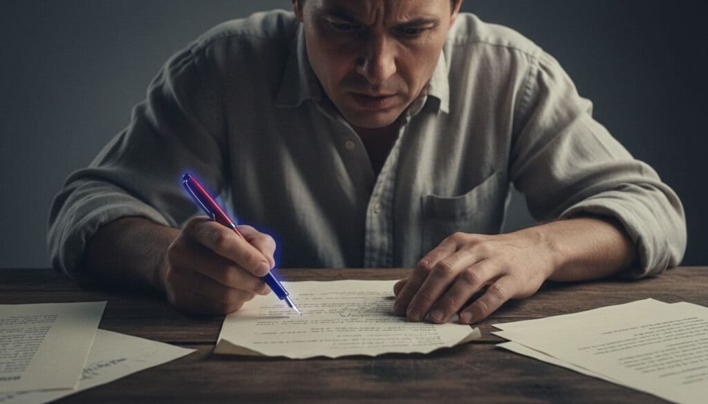 A writer leaning over a manuscript at a desk, pen in hand, studying the page closely, illustrating the loss of perspective that comes from being too deep inside a draft.