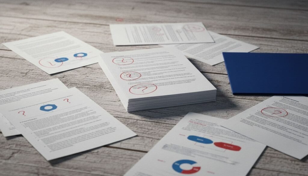 Business proposal pages scattered on a desk with red pen markup and question marks