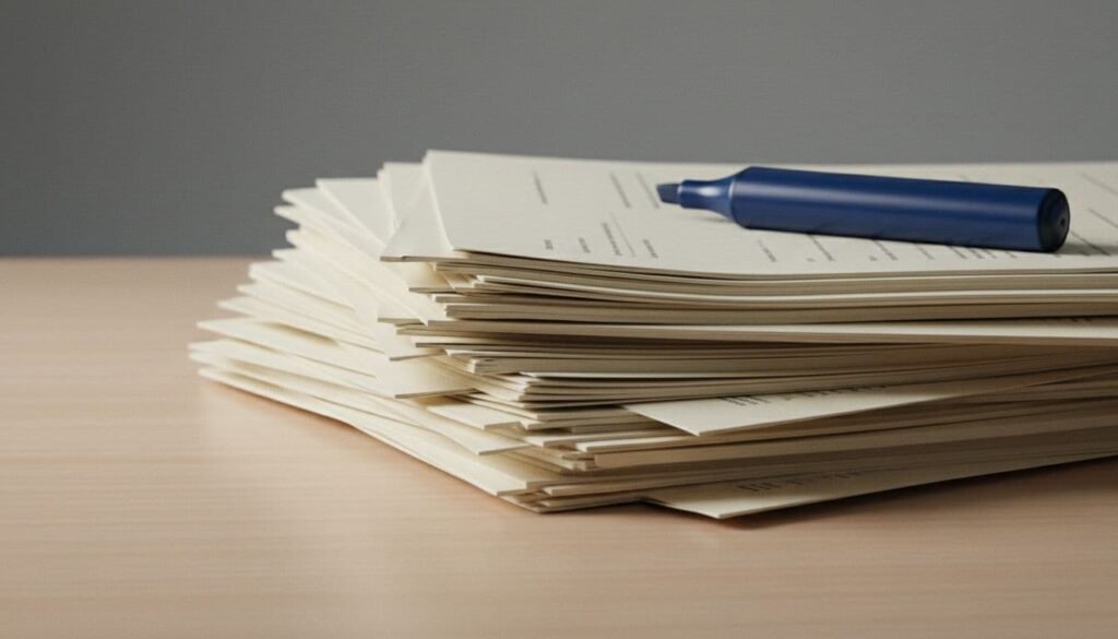 A large stack of revised business documents with a blue highlighter on top, representing the accumulation of self-edited drafts that may still contain clarity problems.