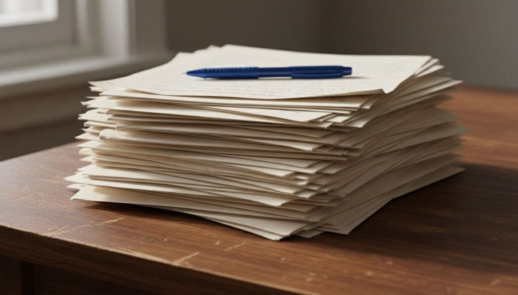 A tall stack of handwritten draft pages on a wooden desk with a blue pen resting on top, suggesting repeated revision passes on a single document.