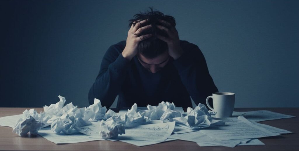 A writer with head in hands sitting at a desk covered in crumpled paper, illustrating revision fatigue and the frustration of repeated drafts that still aren't working.