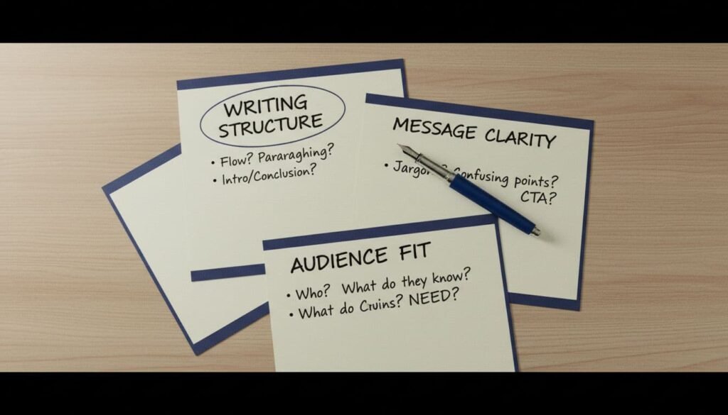 Simple workspace desk with scattered handwritten diagnostic notes on paper about writing structure, message clarity, and audience fit, one blue-accented pen resting nearby, soft studio lighting, subtle grain, minimal editorial style.