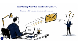 A sketch illustration of a person at a desk hitting send on a laptop, with an email flying toward a confused figure with question marks above their head.
