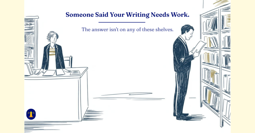 A reference librarian stands at her desk watching a patron across the room who is absorbed in searching through books on a shelf, unaware she cannot give him what he needs.