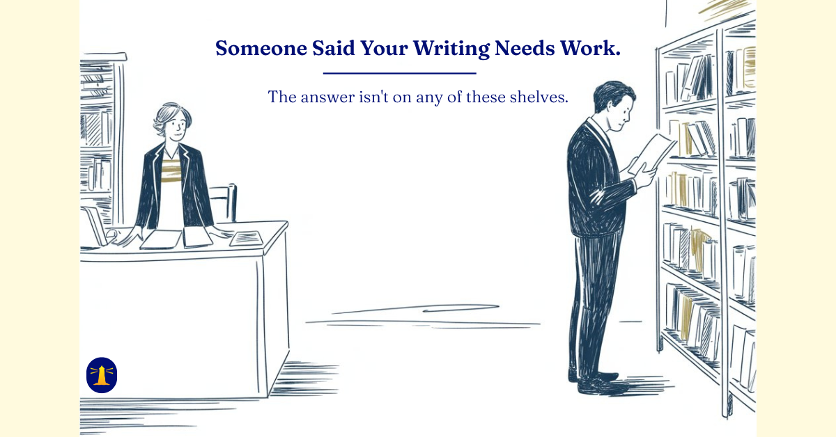 A reference librarian stands at her desk watching a patron across the room who is absorbed in searching through books on a shelf, unaware she cannot give him what he needs.