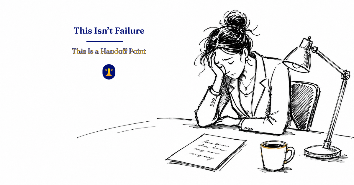 A professional woman sits alone at a desk, head in hand, staring at a document with a handwritten note. Coffee mug and desk lamp nearby. Illustration with text: This Isn't Failure. This Is a Handoff Point.