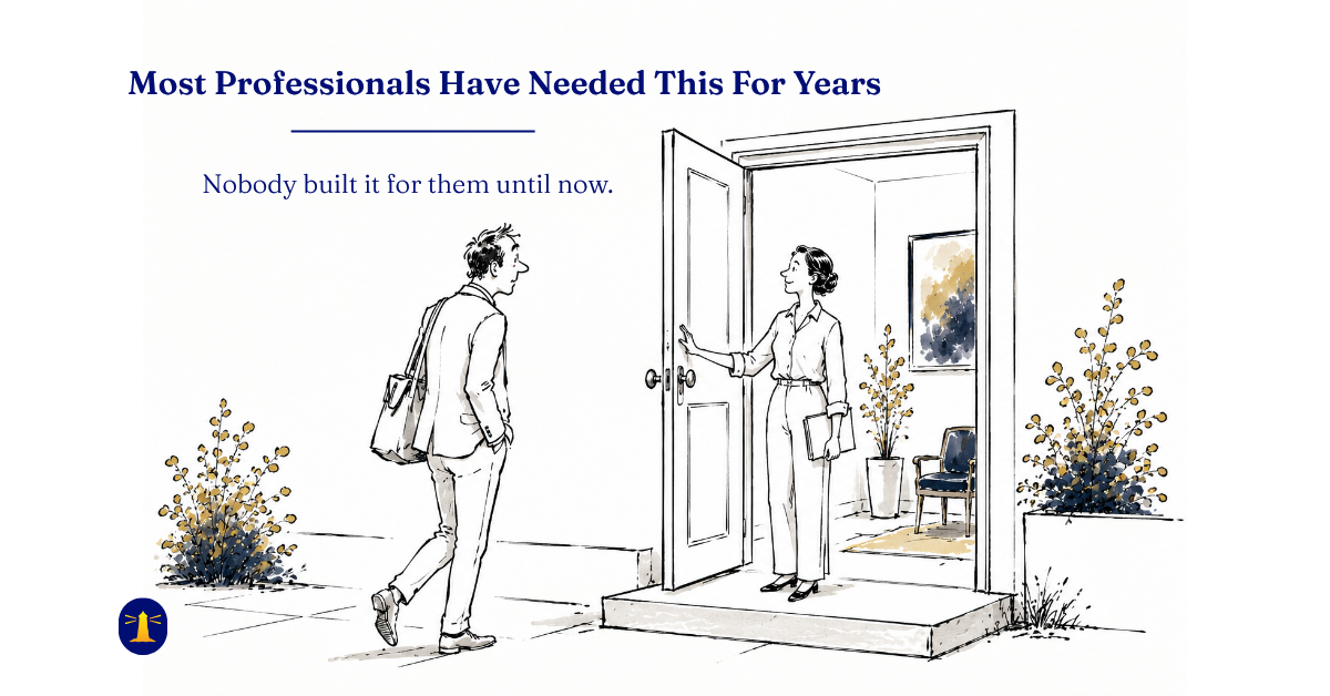A man approaches an open door where a woman stands holding documents, inviting him inside a warm, well-lit room for professional editing services