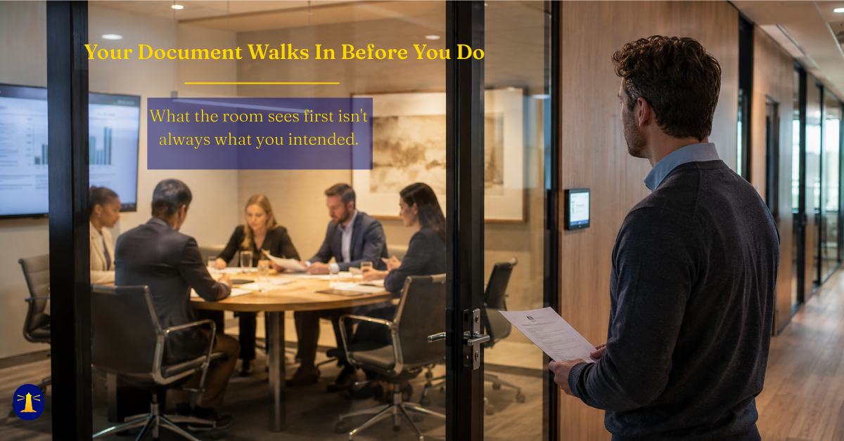 A consultant stands in a corridor holding a document, looking through a glass door at a group of professionals reviewing materials in a conference room.