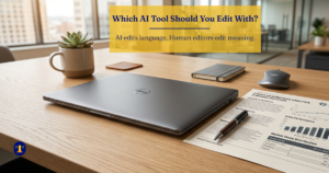 A business report and closed laptop on a professional desk, representing the question of which AI tool to use for editing business writing."A business report and closed laptop on a professional desk, representing the question of which AI tool to use for editing business writing.