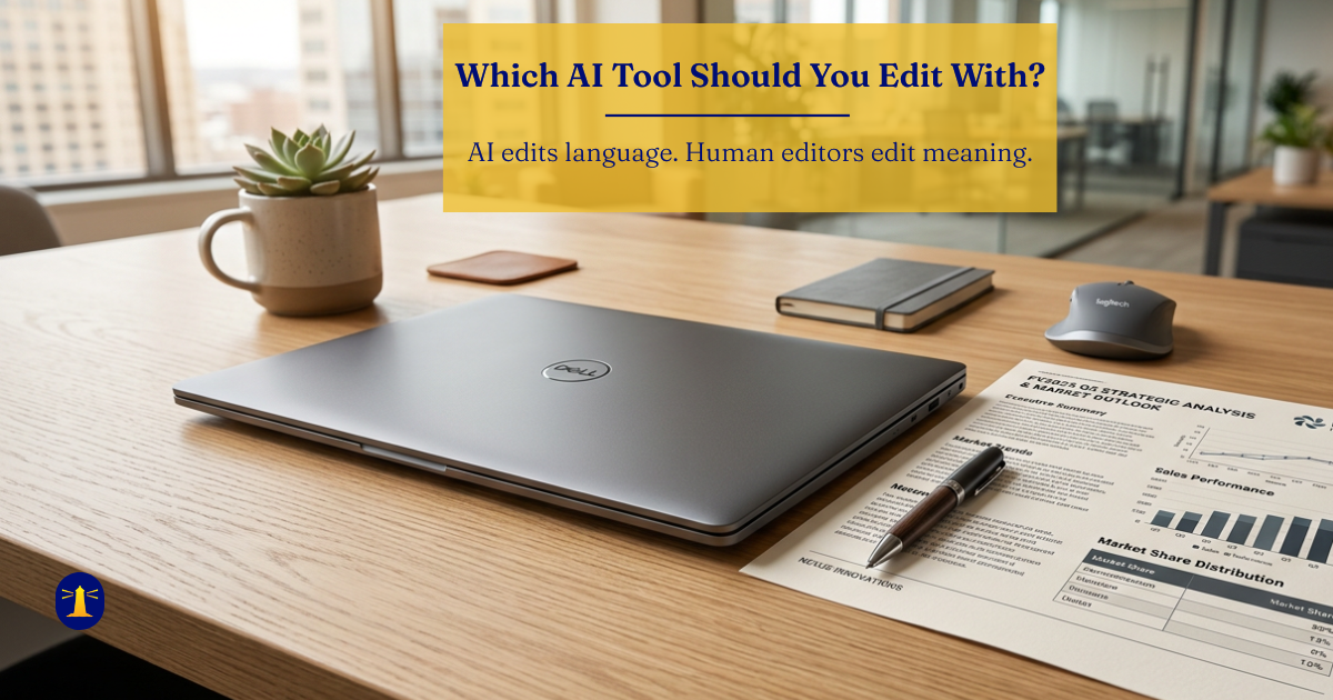 A business report and closed laptop on a professional desk, representing the question of which AI tool to use for editing business writing."A business report and closed laptop on a professional desk, representing the question of which AI tool to use for editing business writing.