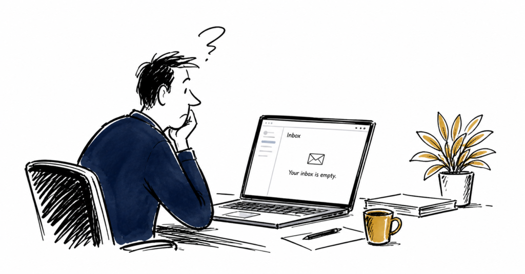 Professional sitting at laptop with empty inbox, waiting for a response that hasn't come.