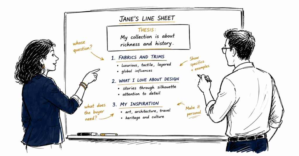 Editor at whiteboard annotating a fashion line sheet, marking where the buyer's question is missing.