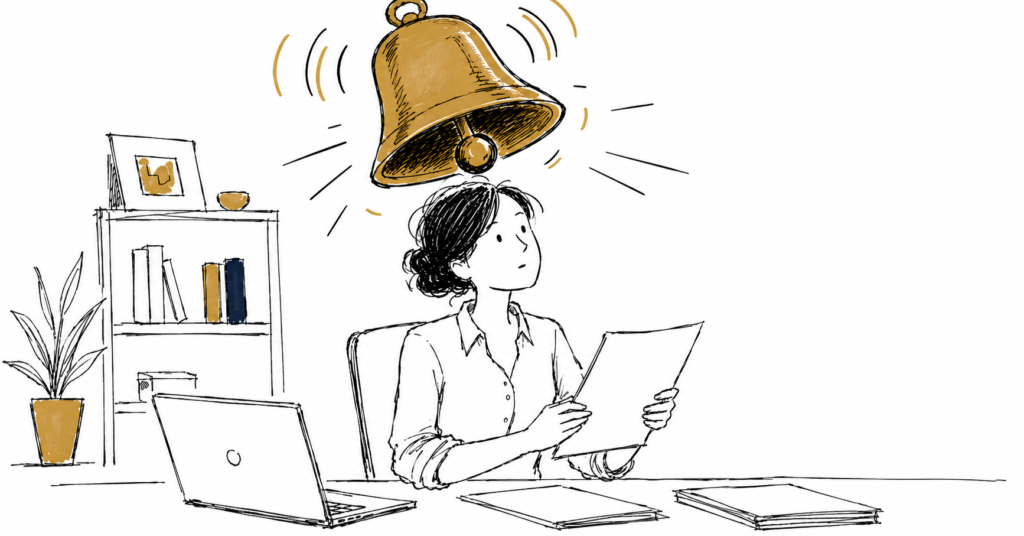 Cartoon sketch illustration of a professional woman sitting at a desk holding a document, looking up with surprise as a large gold bell rings above her head.
