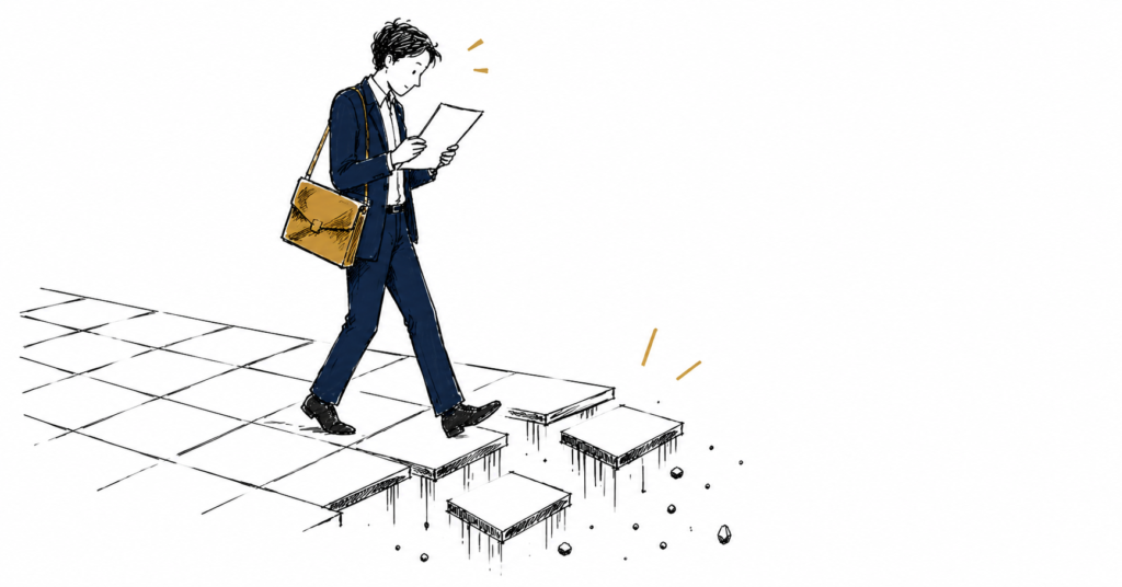 Cartoon sketch illustration of a professional man walking forward reading a document while floor tiles drop away before him unnoticed.