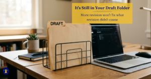 A manila folder labeled "DRAFT" standing upright in a wire desk organizer beside an open laptop, on a warm wood desk with a coffee mug and notebook in the background.